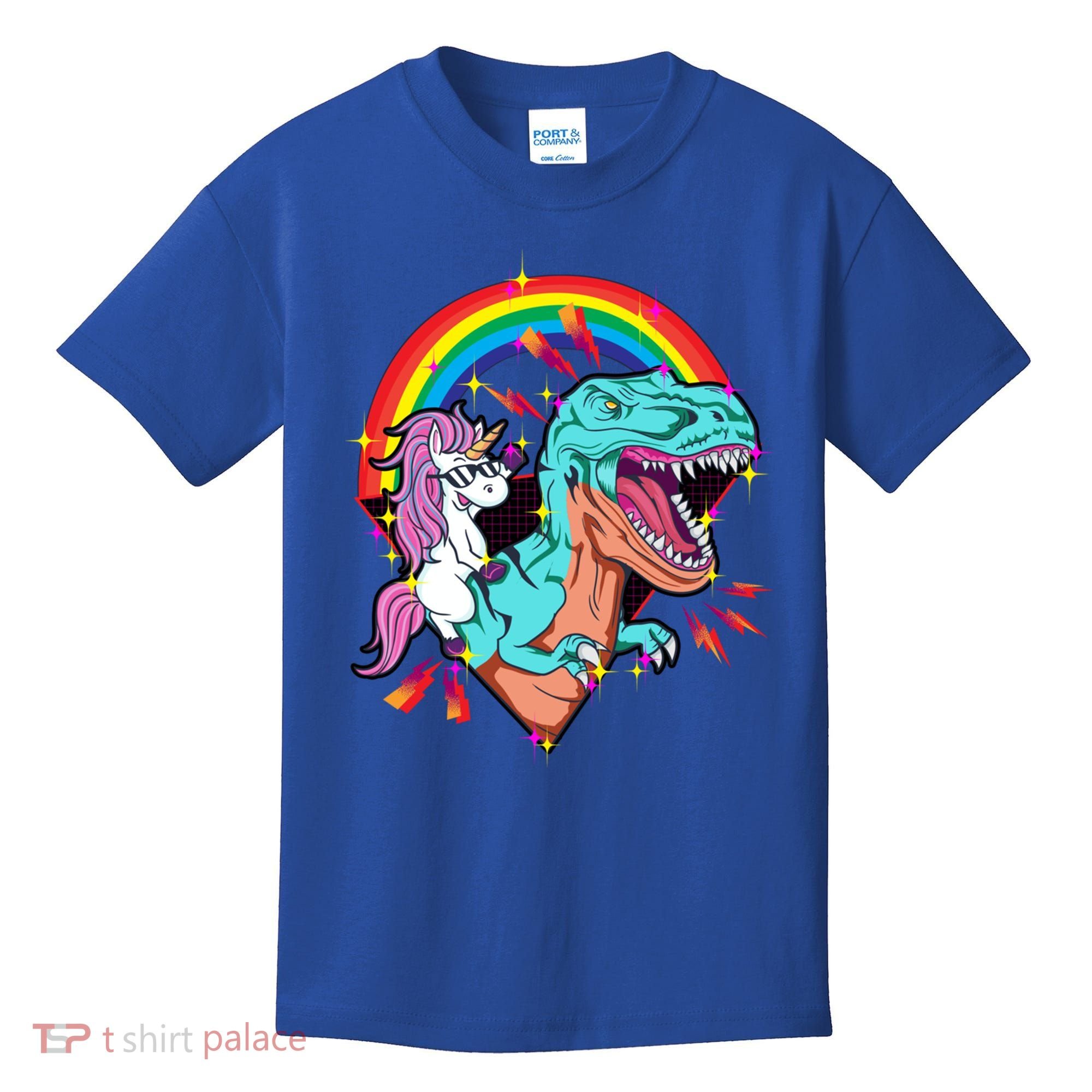 Unicorn Riding T Rex Rainbow Synthwave Dinosaur Gift Kids T-Shirt