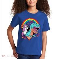Unicorn Riding T Rex Rainbow Synthwave Dinosaur Gift Kids T-Shirt thumb 2
