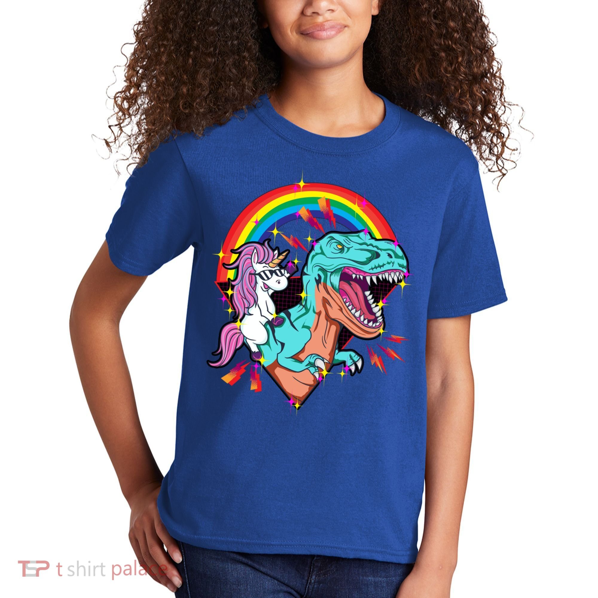 Unicorn Riding T Rex Rainbow Synthwave Dinosaur Gift Kids T-Shirt