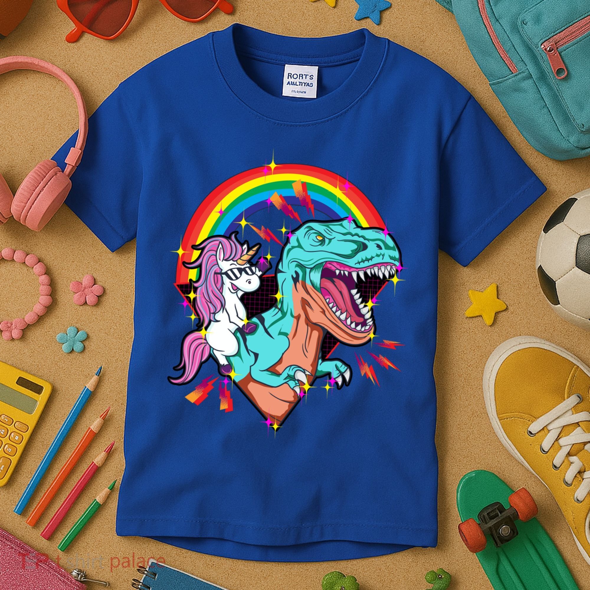 Unicorn Riding T Rex Rainbow Synthwave Dinosaur Gift Kids T-Shirt