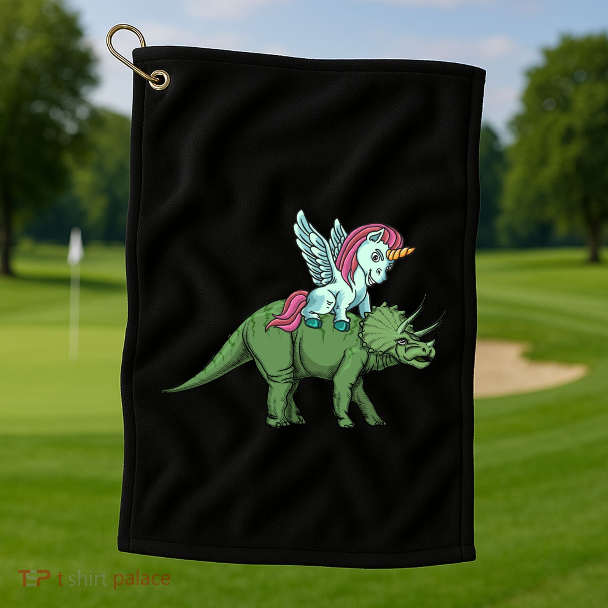 Unicorn Riding Triceratops Funny Dinosaurs Cool Gift Golf Towel