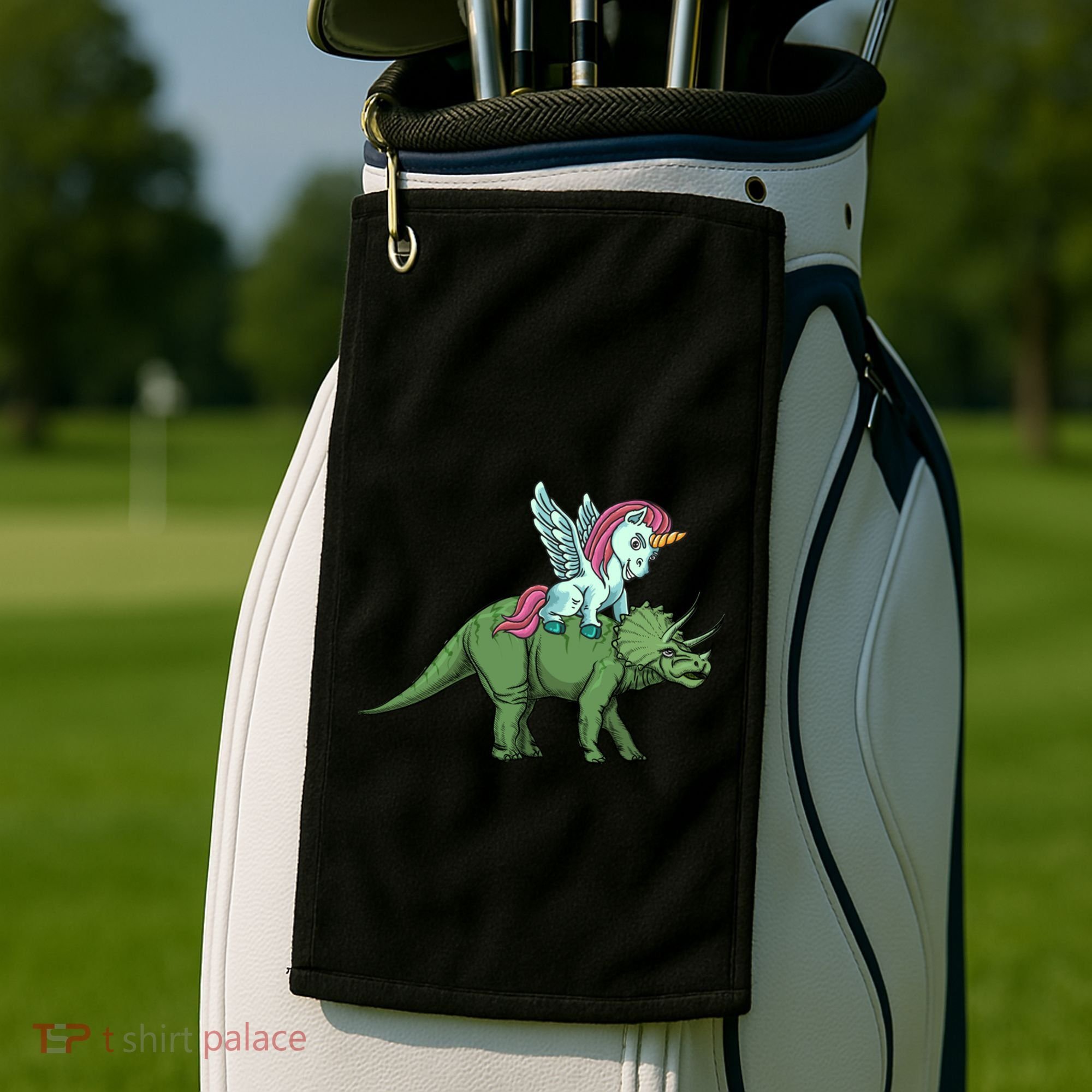 Unicorn Riding Triceratops Funny Dinosaurs Cool Gift Golf Towel