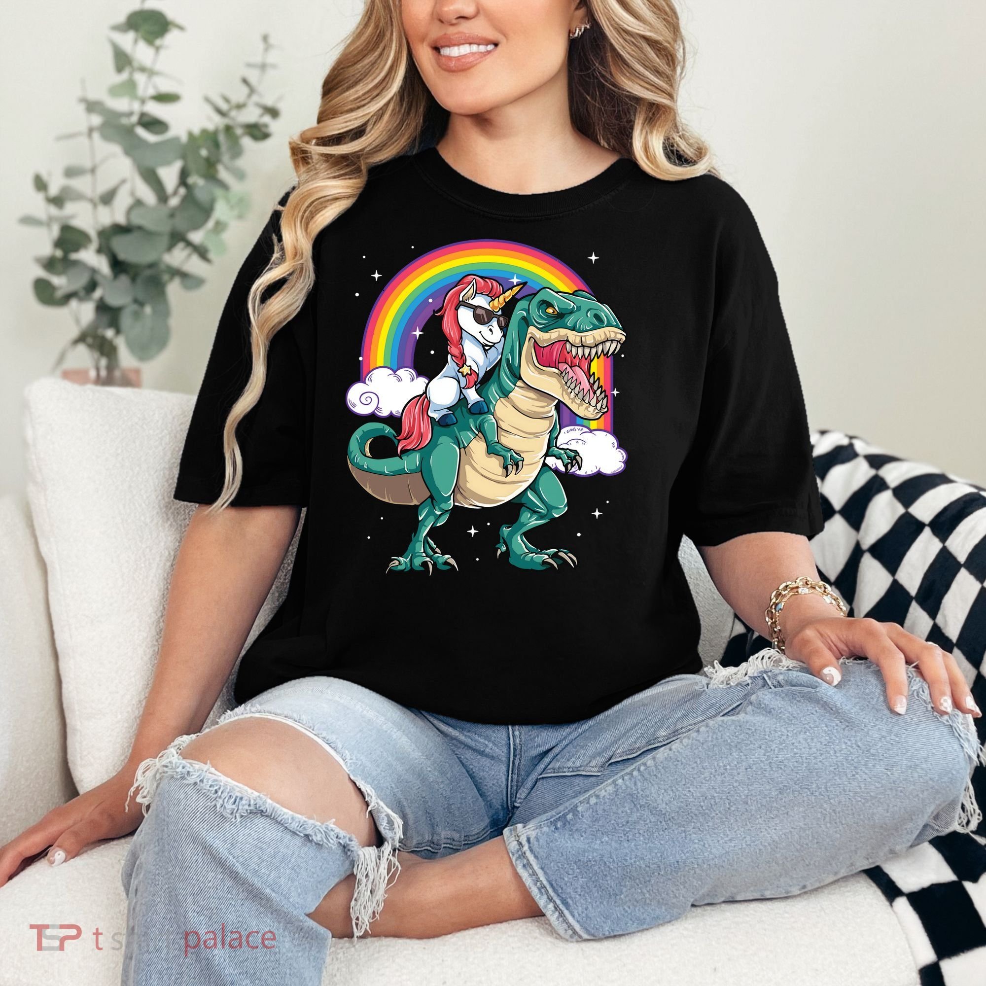 Unicorn Riding T Rex Dinosaur Rainbow Comfort Colors T-Shirt