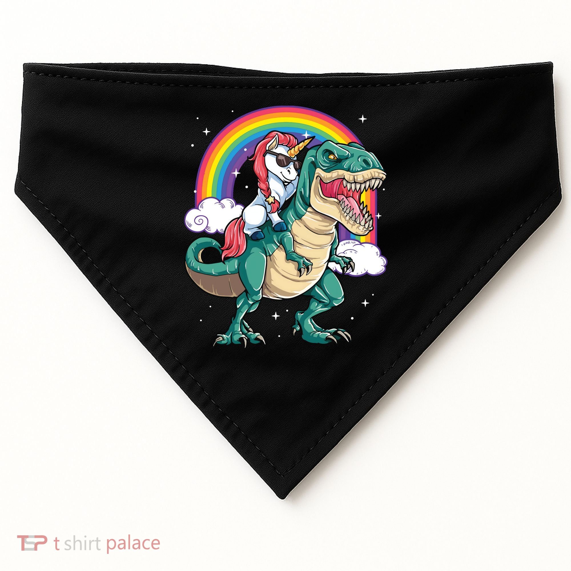 Unicorn Riding T Rex Dinosaur Rainbow USA-Made Doggie Bandana