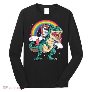 Unicorn Riding T Rex Dinosaur Rainbow Long Sleeve Shirt