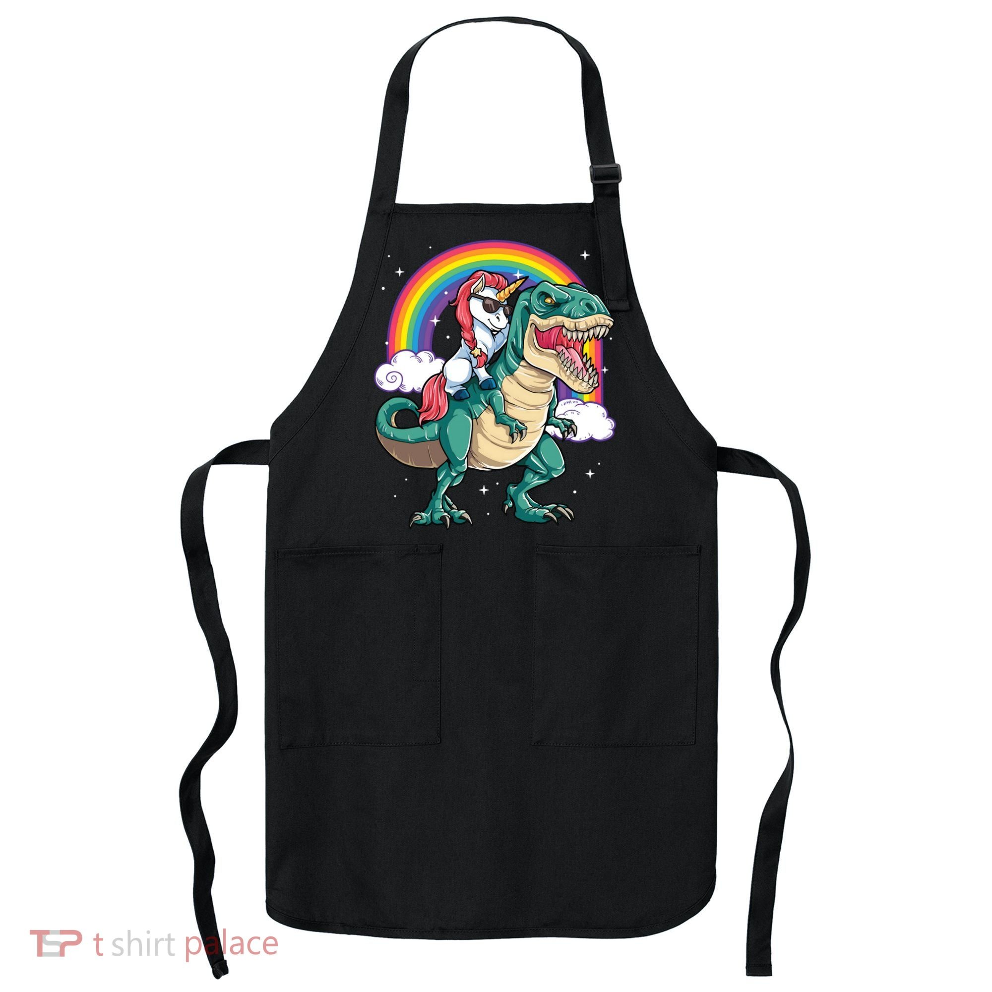 Unicorn Riding T Rex Dinosaur Rainbow Apron
