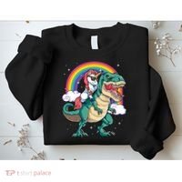 Unicorn Riding T Rex Dinosaur Rainbow Sweatshirt thumb 2