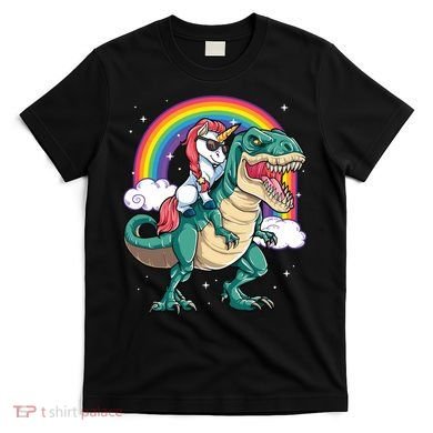 Unicorn Riding T Rex Dinosaur Rainbow T-Shirt