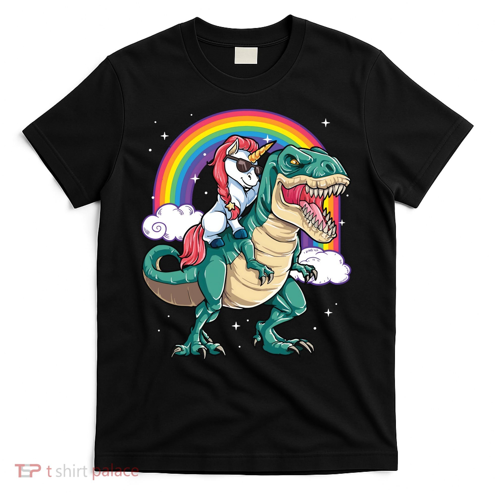 Unicorn Riding T Rex Dinosaur Rainbow T-Shirt