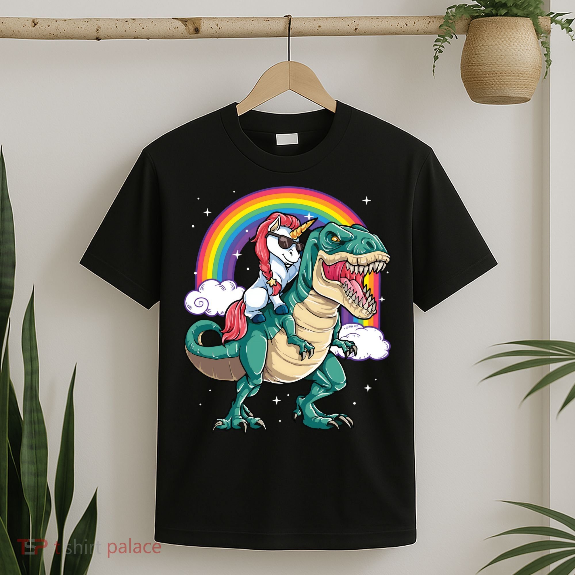 Unicorn Riding T Rex Dinosaur Rainbow T-Shirt