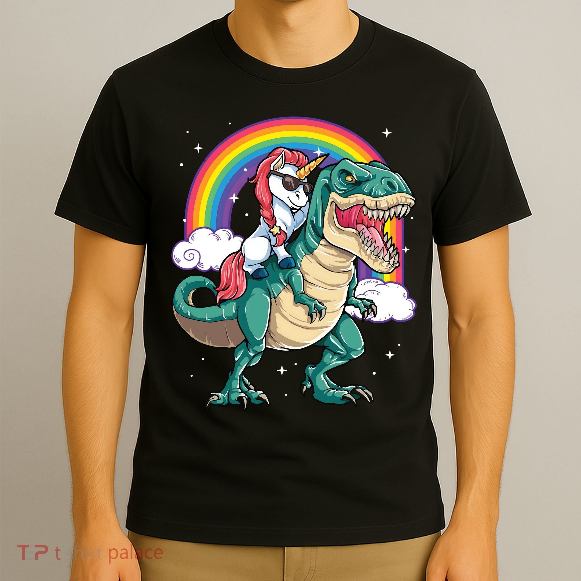 Unicorn Riding T Rex Dinosaur Rainbow T-Shirt