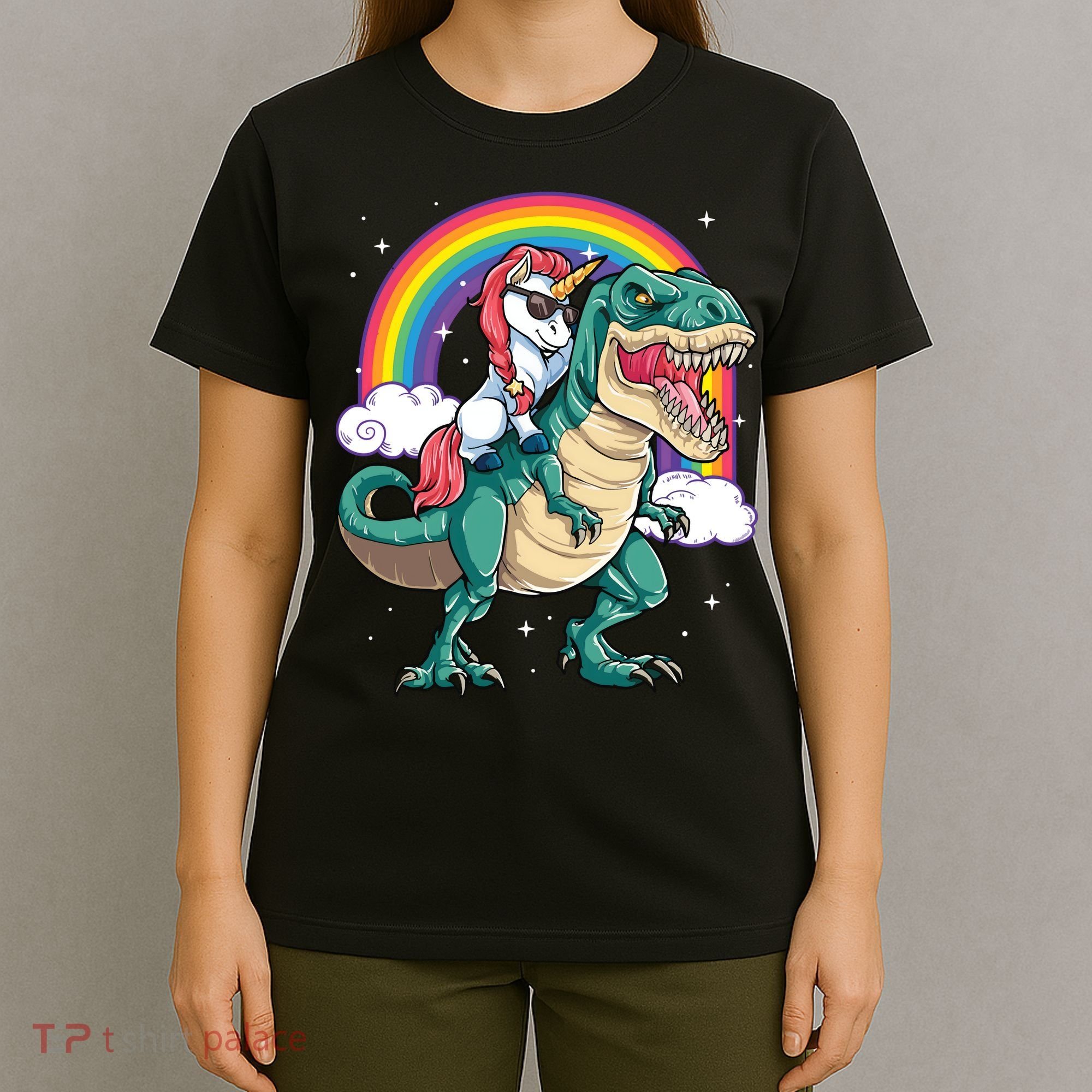 Unicorn Riding T Rex Dinosaur Rainbow T-Shirt