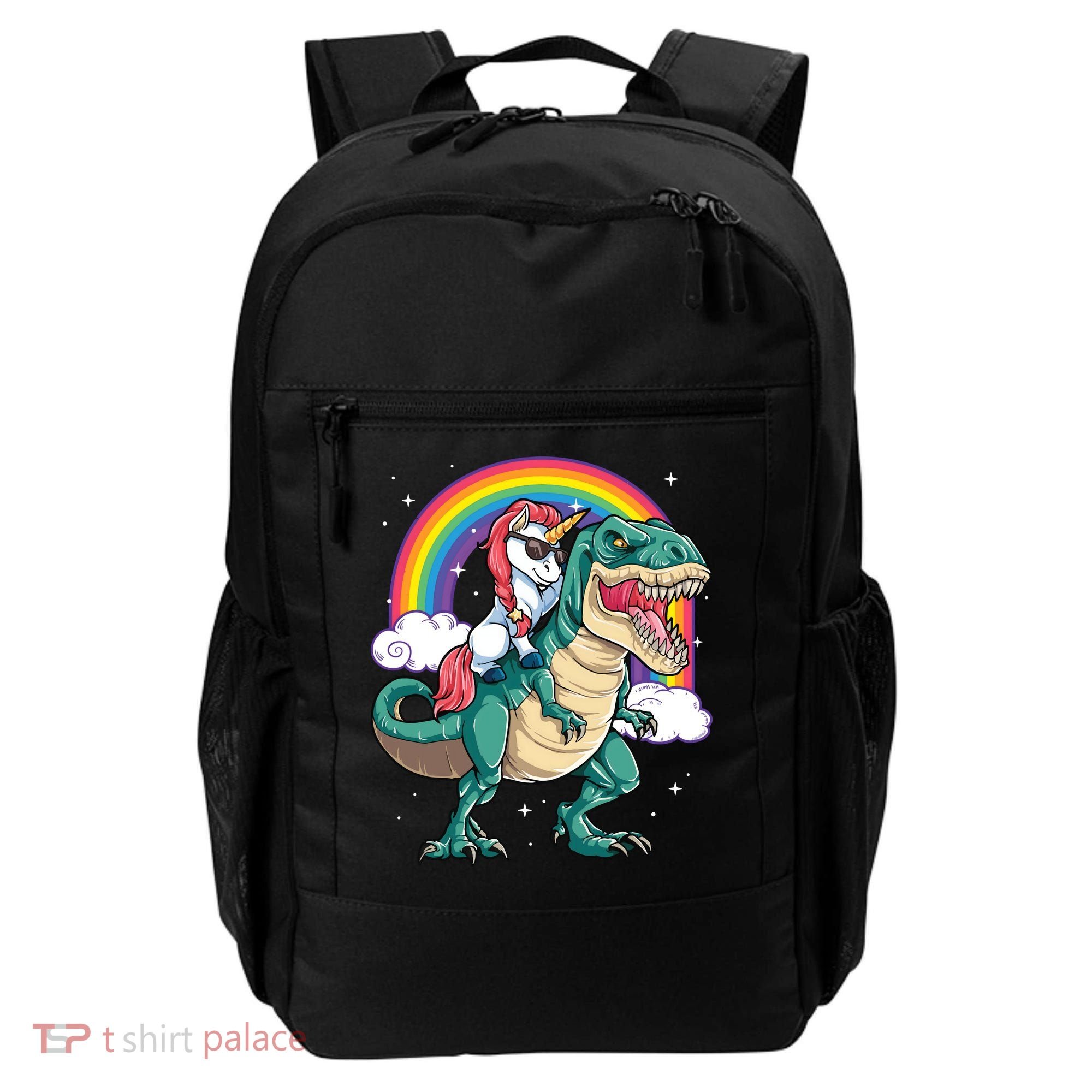 Unicorn Riding T Rex Dinosaur Rainbow Backpack