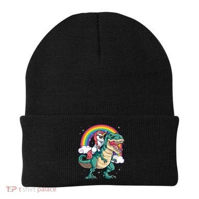 Unicorn Riding T Rex Dinosaur Rainbow Beanie