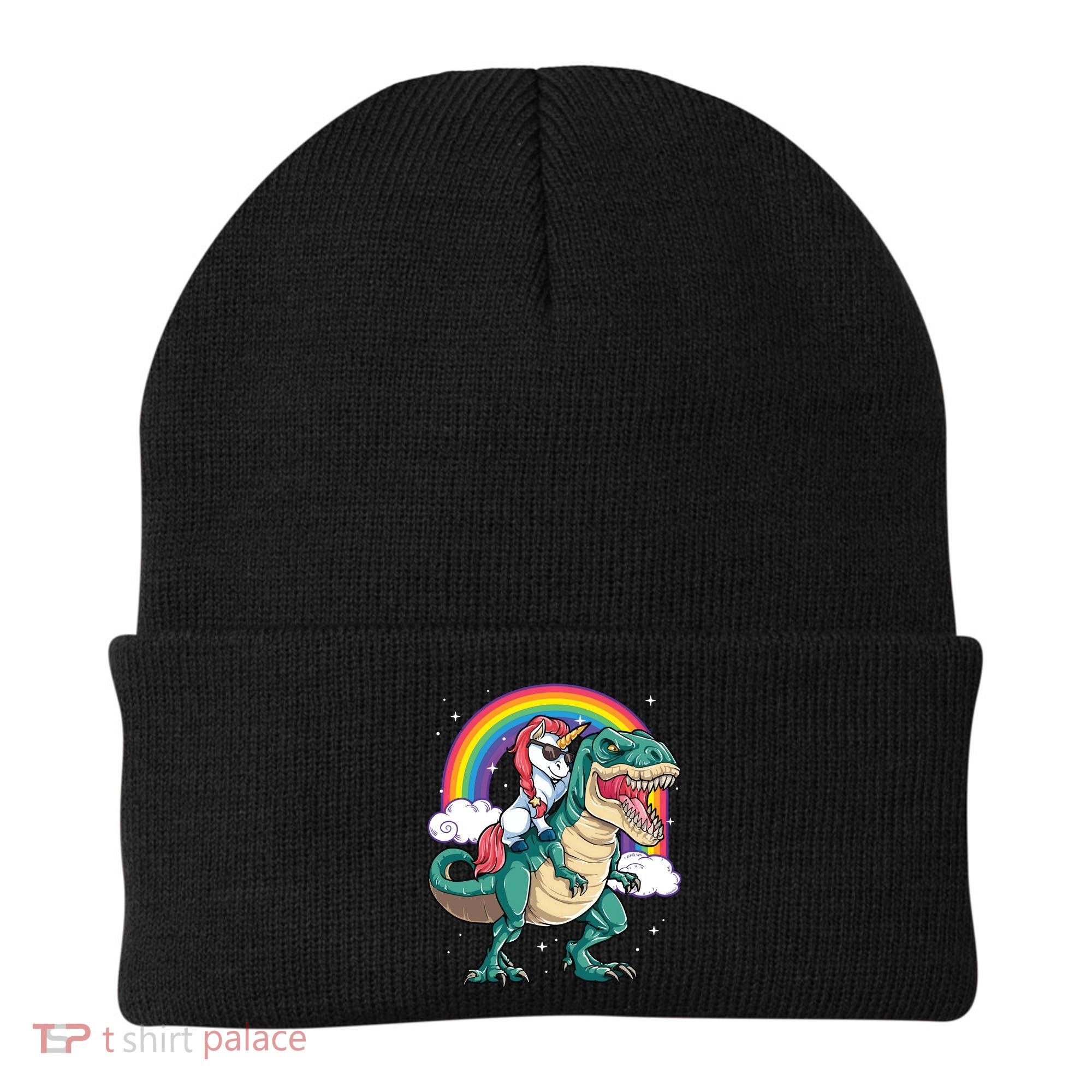 Unicorn Riding T Rex Dinosaur Rainbow Beanie