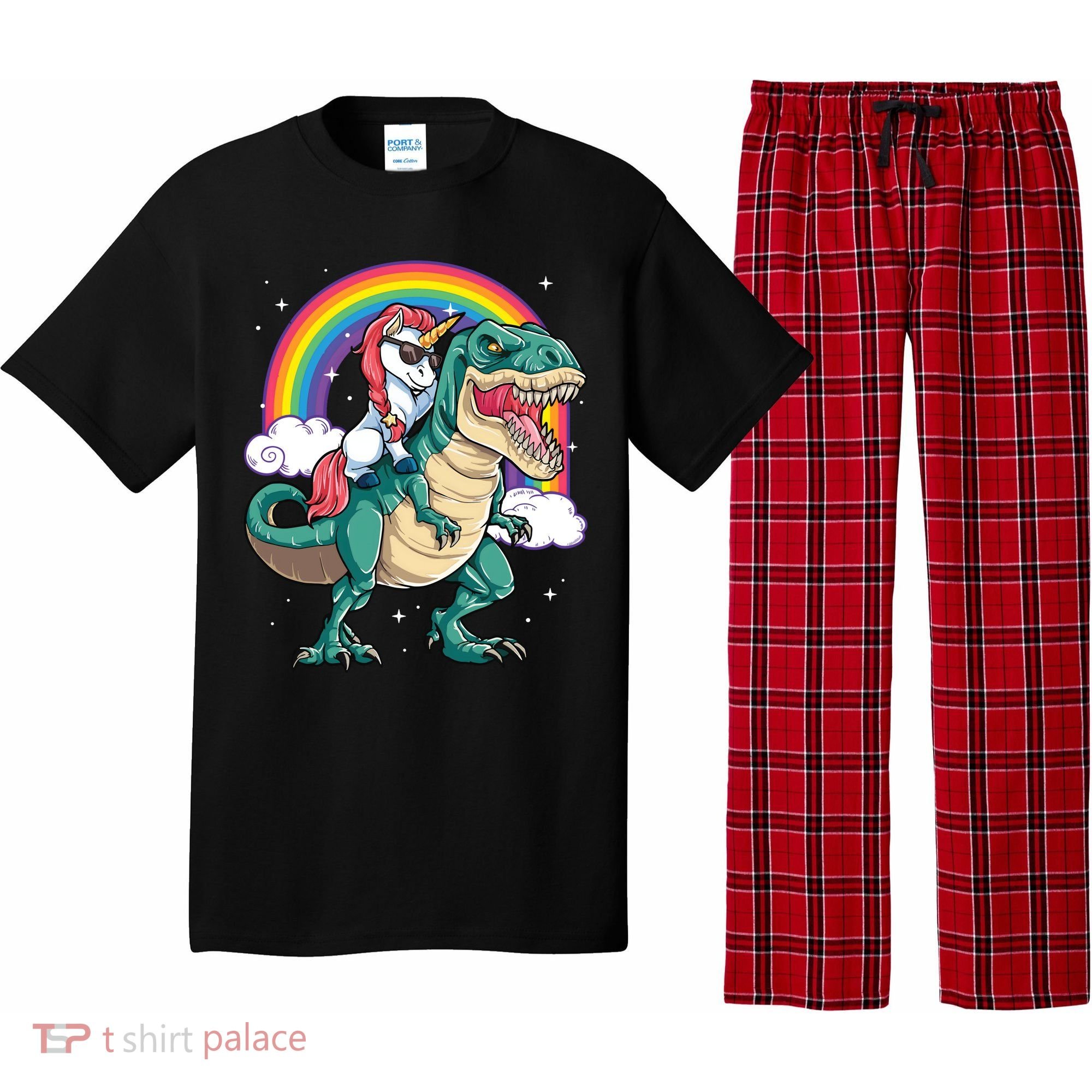 Unicorn Riding T Rex Dinosaur Rainbow Pajama Set