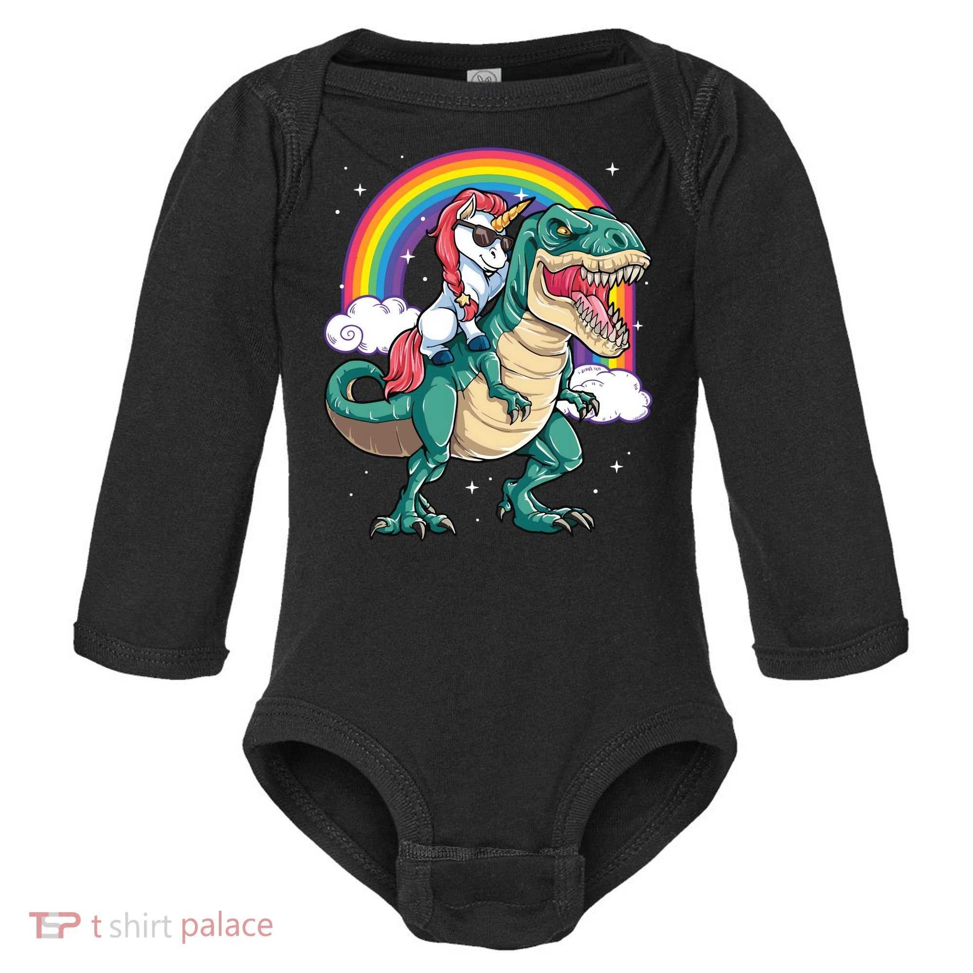 Unicorn Riding T Rex Dinosaur Rainbow Baby Long Sleeve Bodysuit