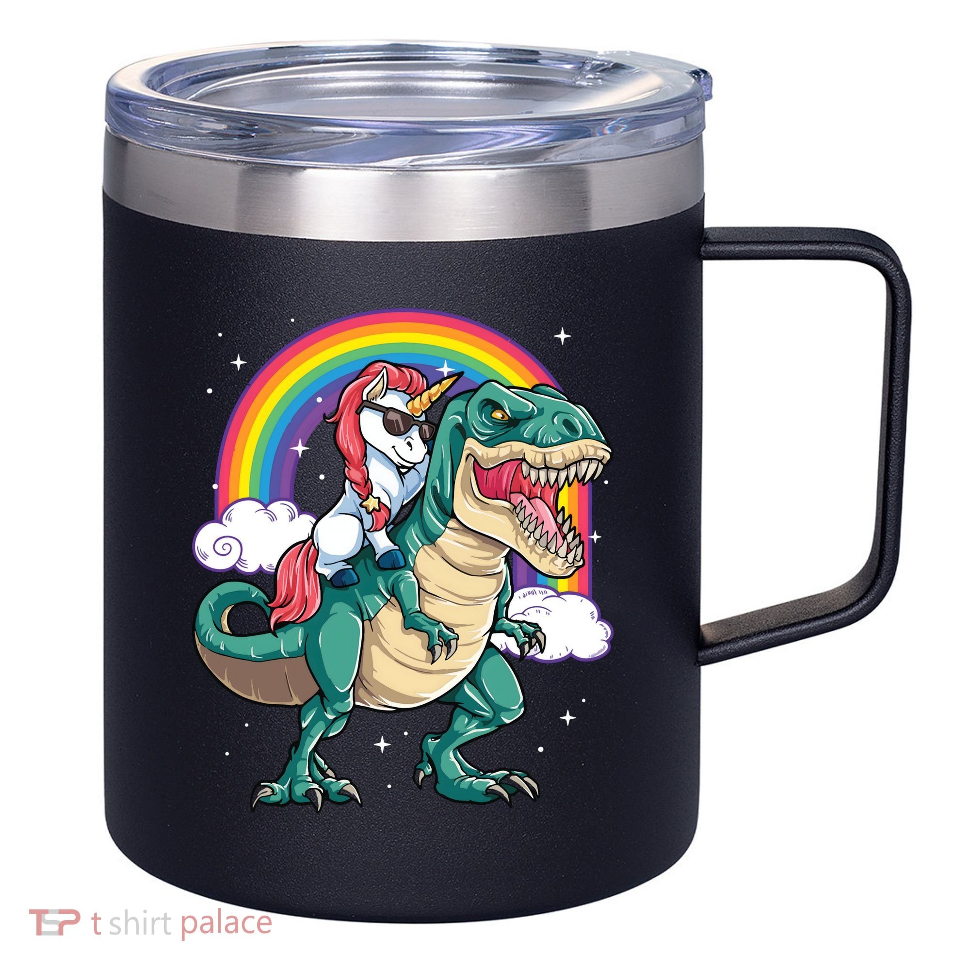 Unicorn Riding T Rex Dinosaur Rainbow 12oz Stainless Steel Coffee Mug