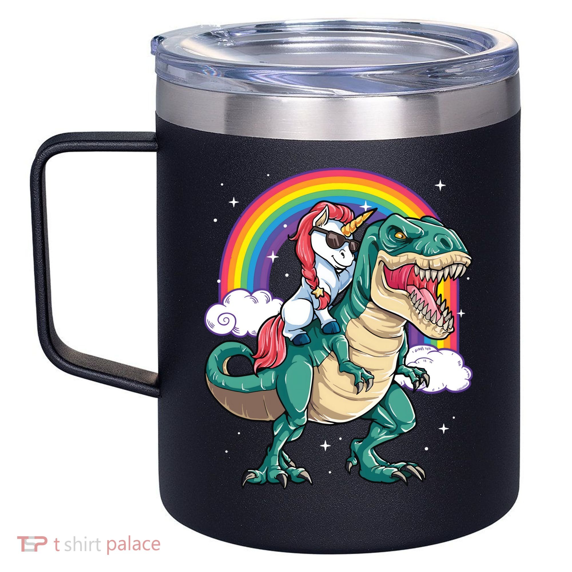 Unicorn Riding T Rex Dinosaur Rainbow 12oz Stainless Steel Coffee Mug