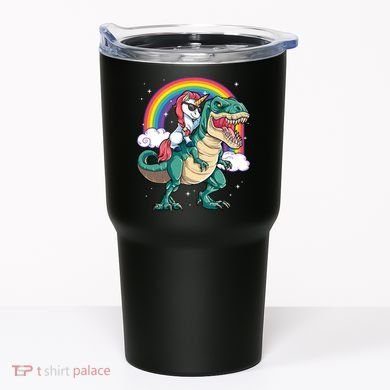 Unicorn Riding T Rex Dinosaur Rainbow Tumbler