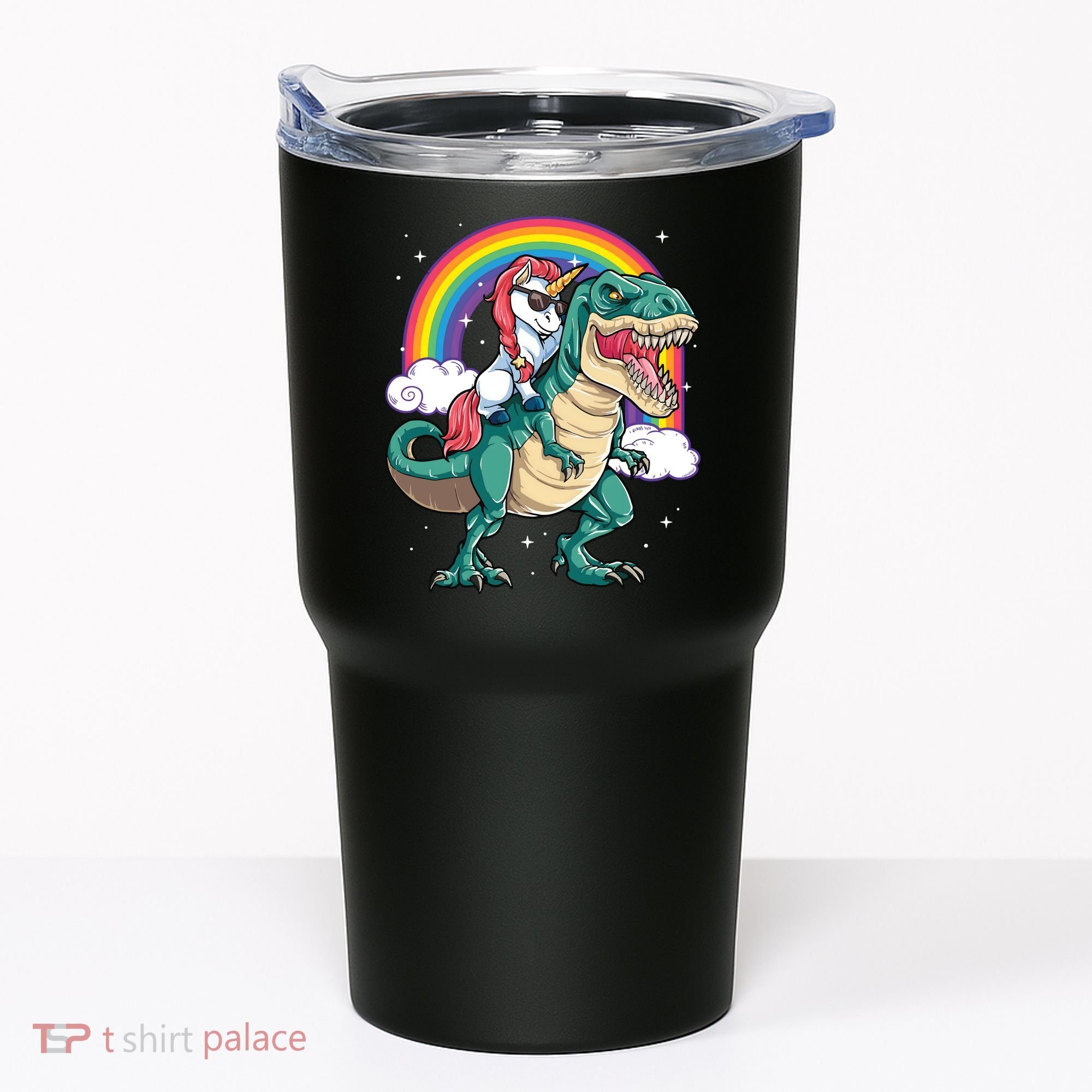 Unicorn Riding T Rex Dinosaur Rainbow Tumbler