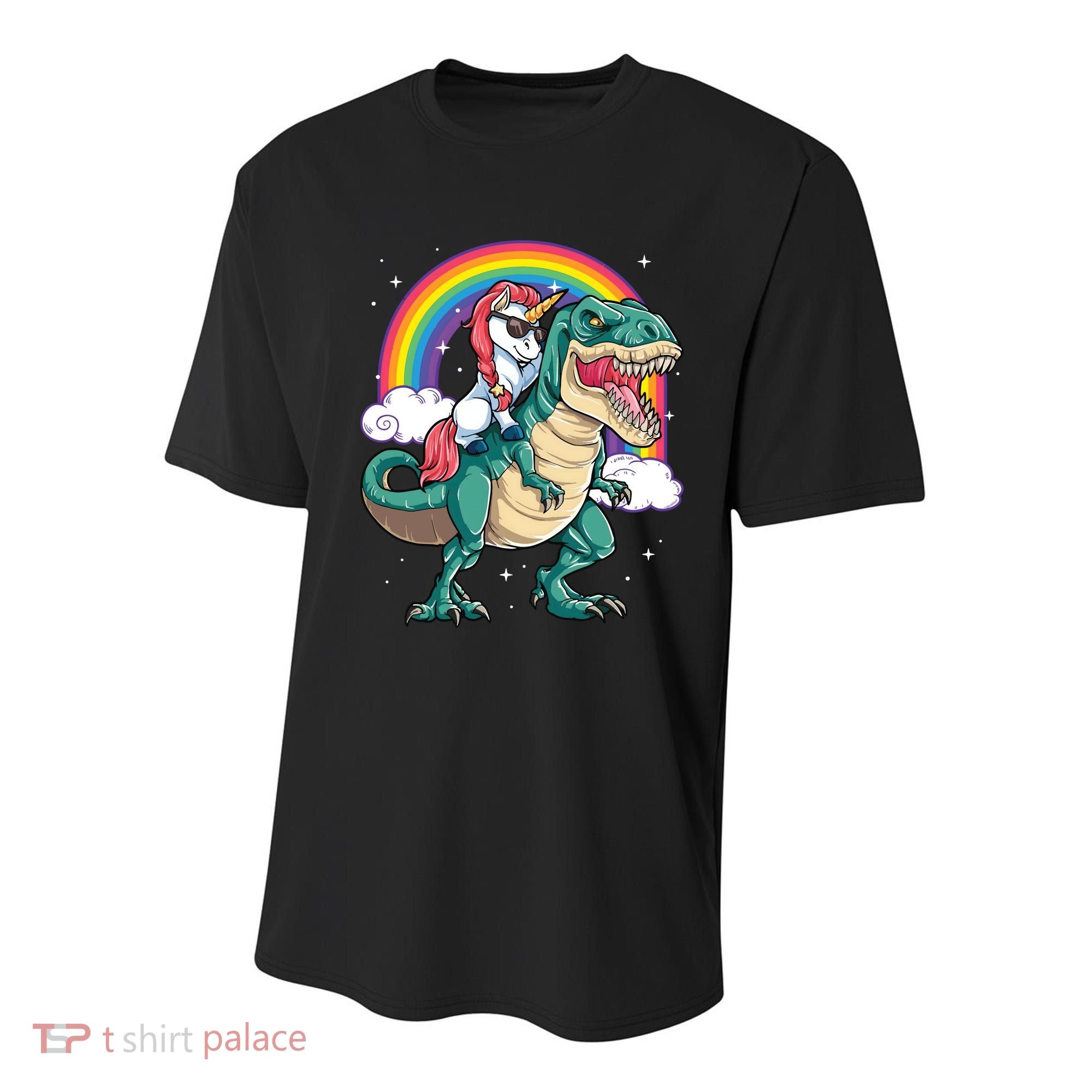 Unicorn Riding T Rex Dinosaur Rainbow Youth Performance Sprint T-Shirt