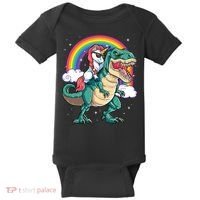 Unicorn Riding T Rex Dinosaur Rainbow Baby Bodysuit thumb 0