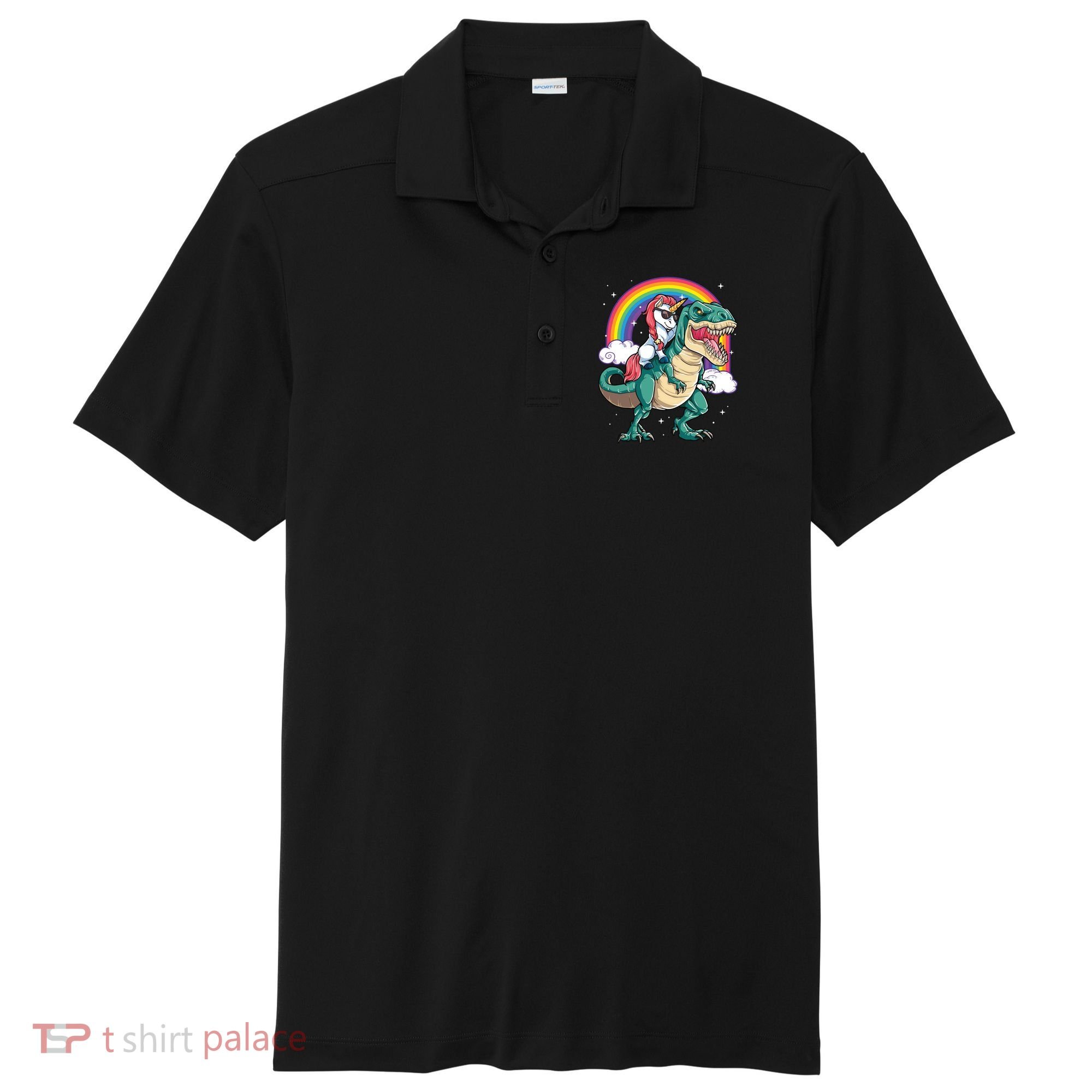 Unicorn Riding T Rex Dinosaur Rainbow Sport-Tek Posi-UV Pro Polo