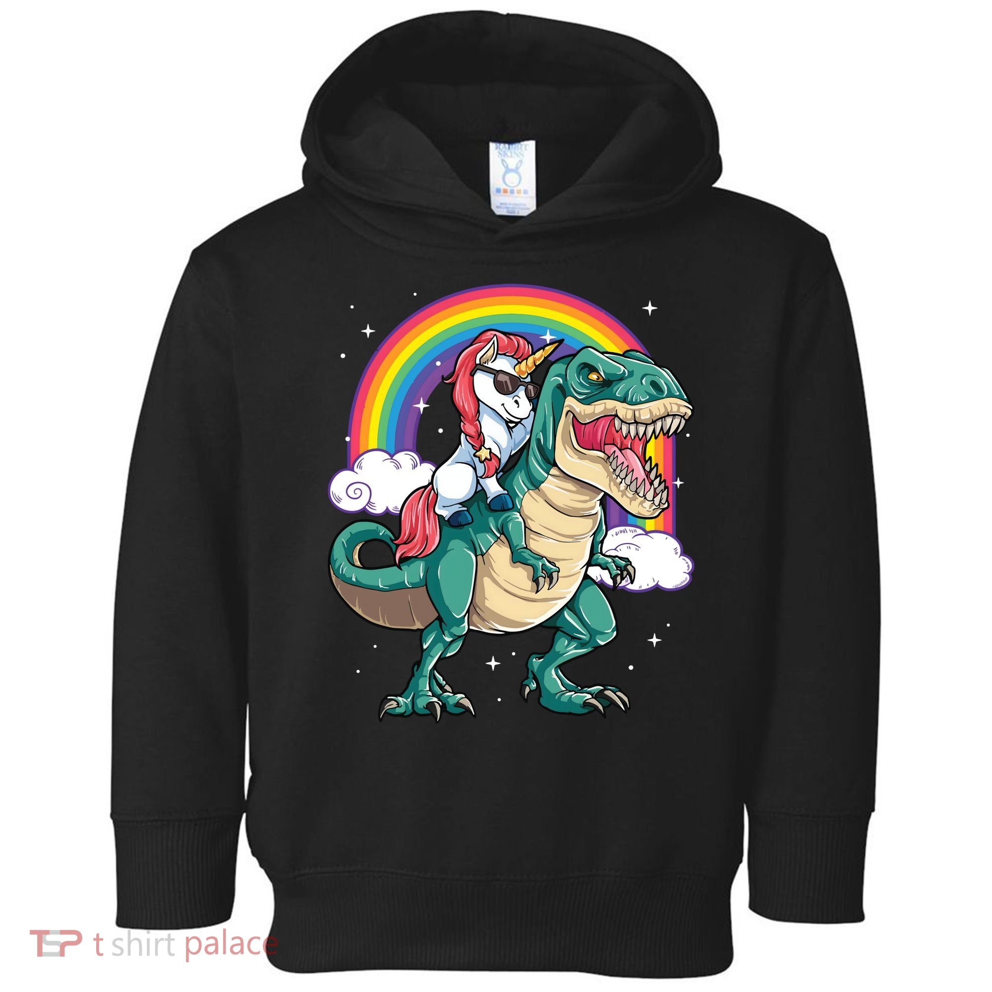 Unicorn Riding T Rex Dinosaur Rainbow Toddler Hoodie