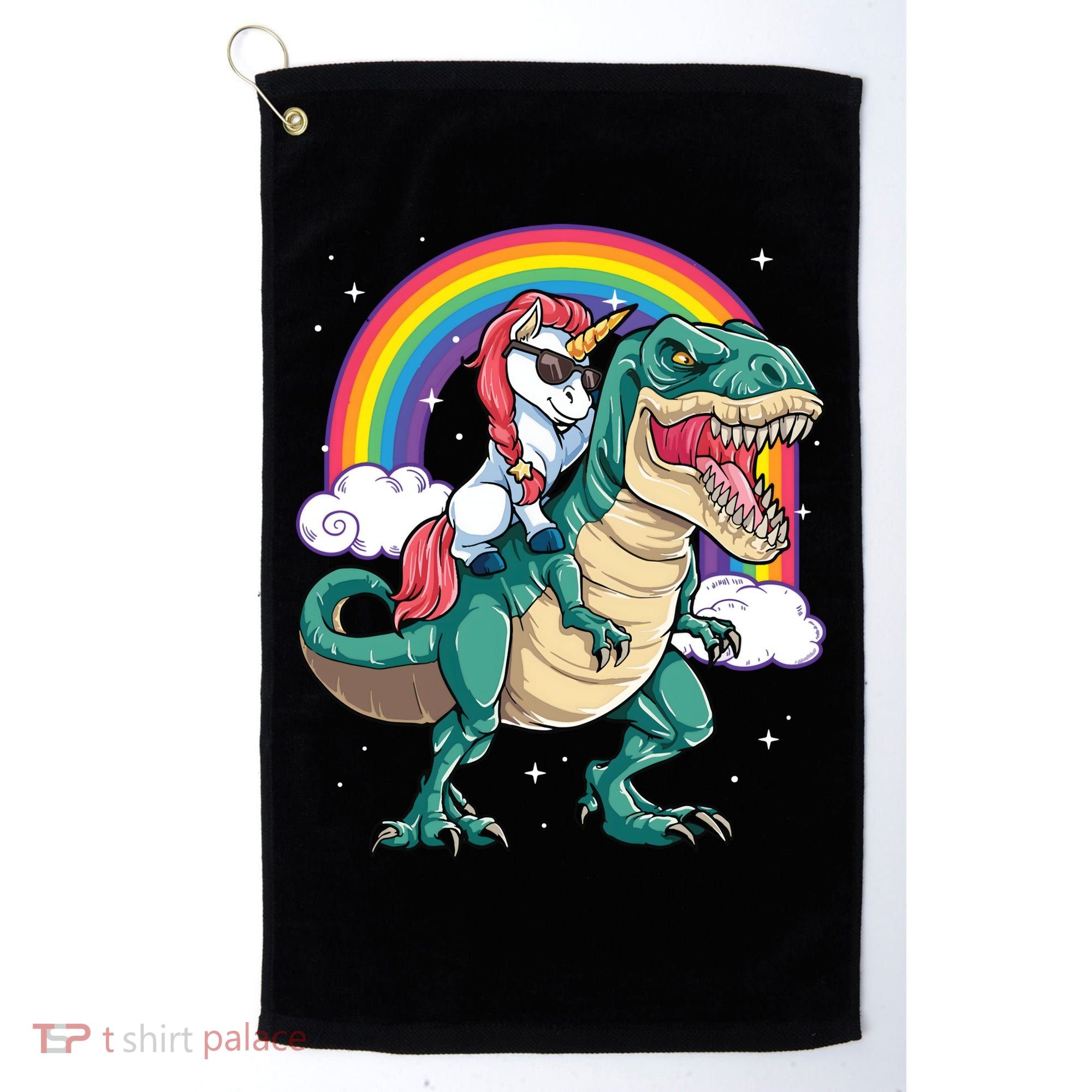 Unicorn Riding T Rex Dinosaur Rainbow Golf Towel