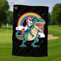 Unicorn Riding T Rex Dinosaur Rainbow Golf Towel thumb 1