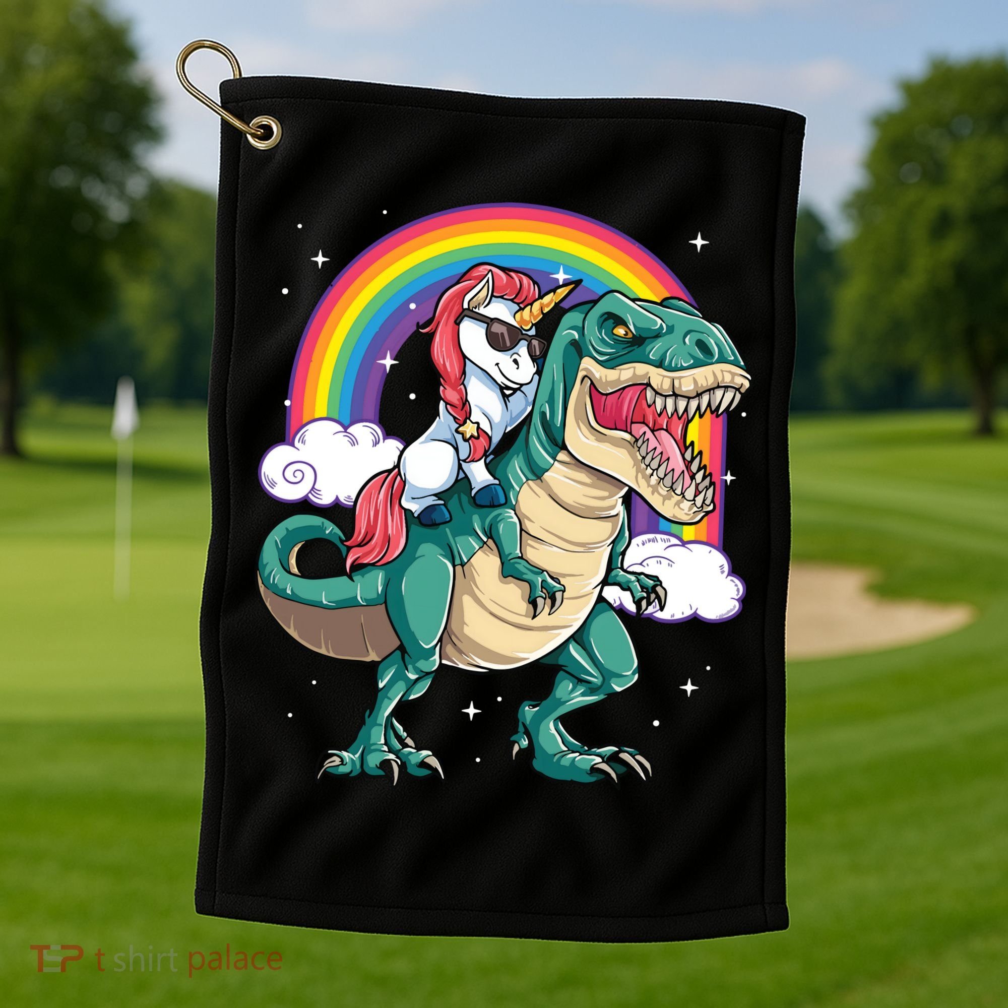 Unicorn Riding T Rex Dinosaur Rainbow Golf Towel