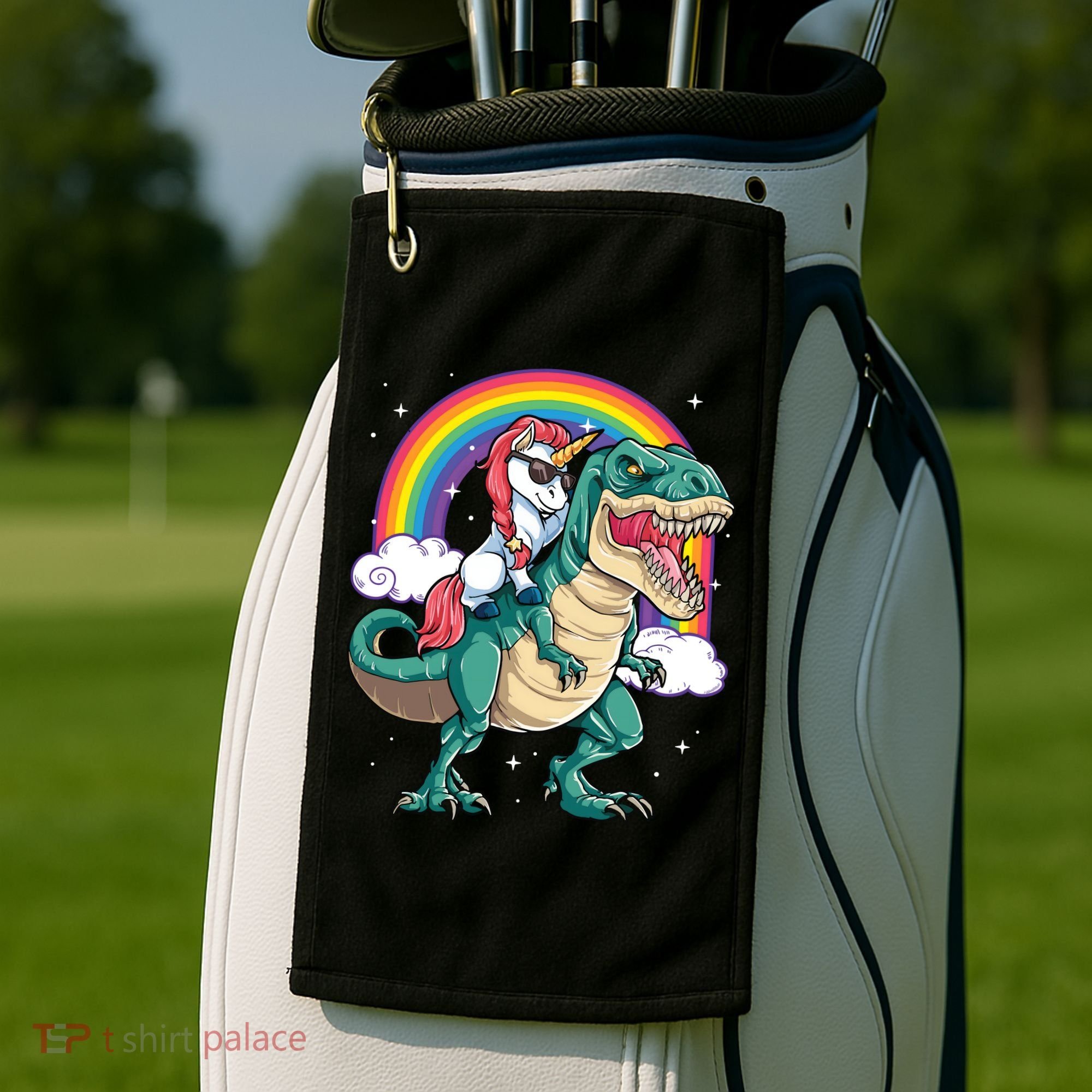 Unicorn Riding T Rex Dinosaur Rainbow Golf Towel