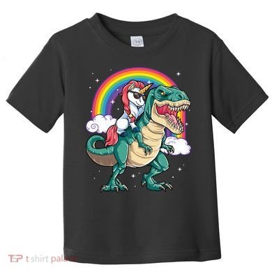 Unicorn Riding T Rex Dinosaur Rainbow Toddler T-Shirt