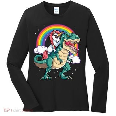 Unicorn Riding T Rex Dinosaur Rainbow Women's Long Sleeve Shirt