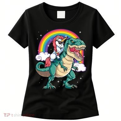 Unicorn Riding T Rex Dinosaur Rainbow Women's T-Shirt