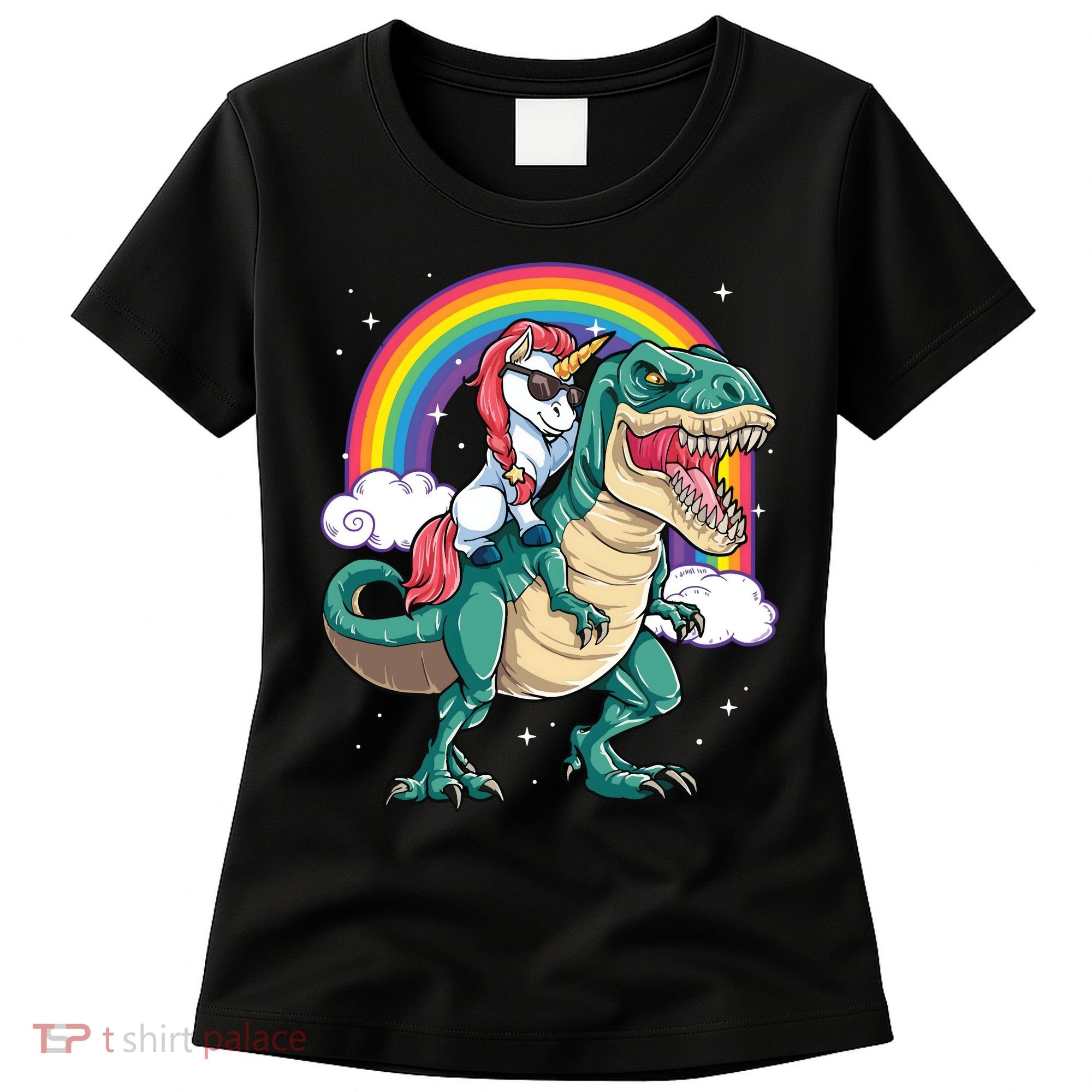 Unicorn Riding T Rex Dinosaur Rainbow Women's T-Shirt