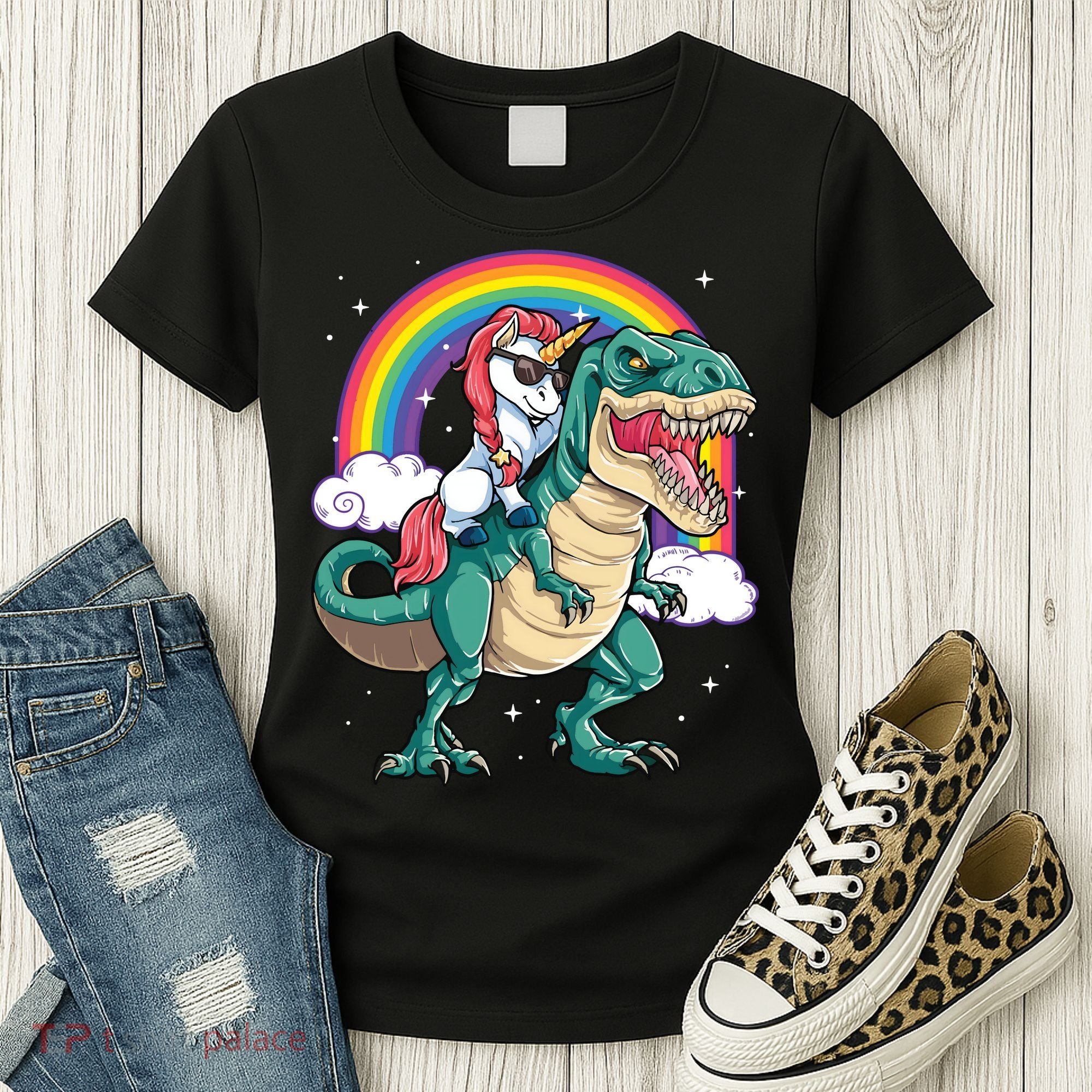 Unicorn Riding T Rex Dinosaur Rainbow Women's T-Shirt