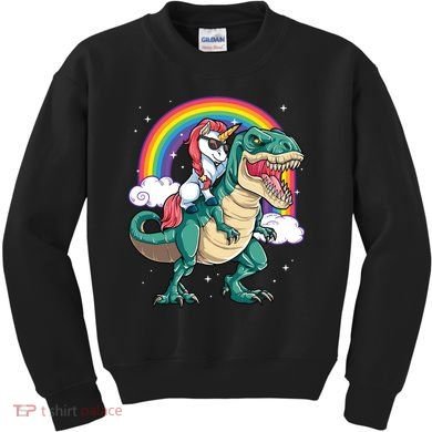 Unicorn Riding T Rex Dinosaur Rainbow Kids Sweatshirt