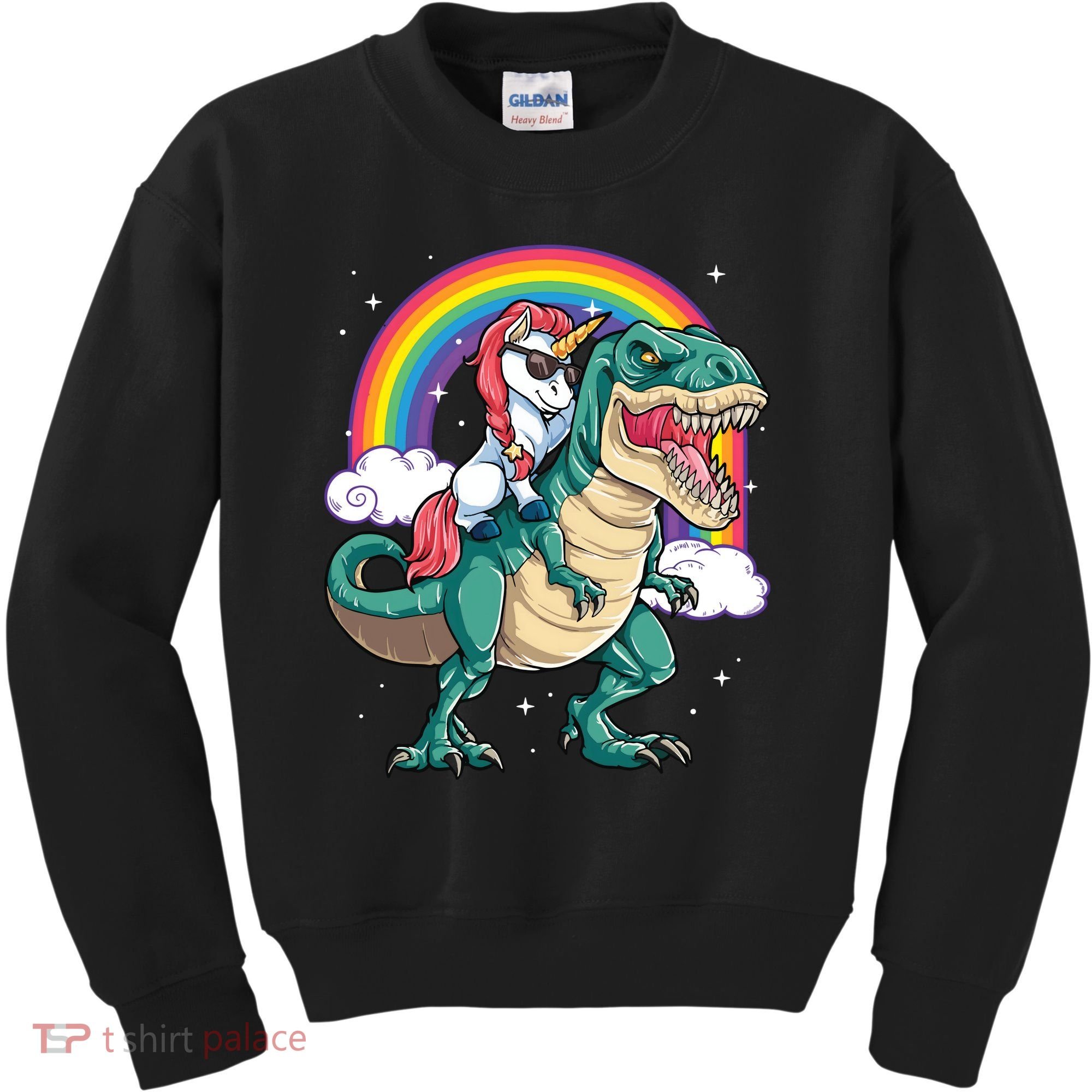 Unicorn Riding T Rex Dinosaur Rainbow Kids Sweatshirt