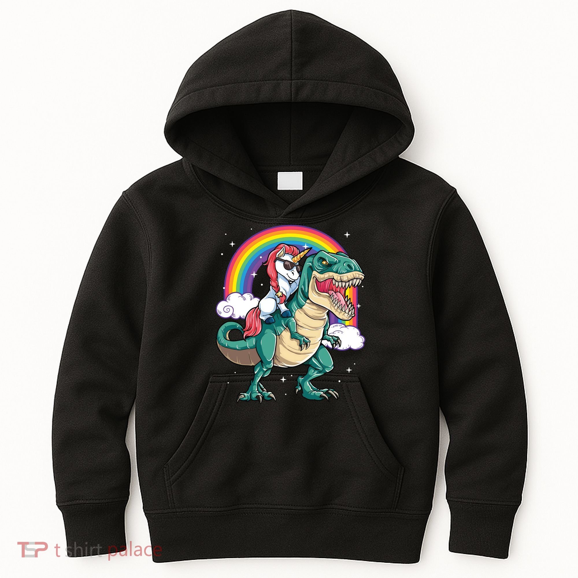 Unicorn Riding T Rex Dinosaur Rainbow Kids Hoodie