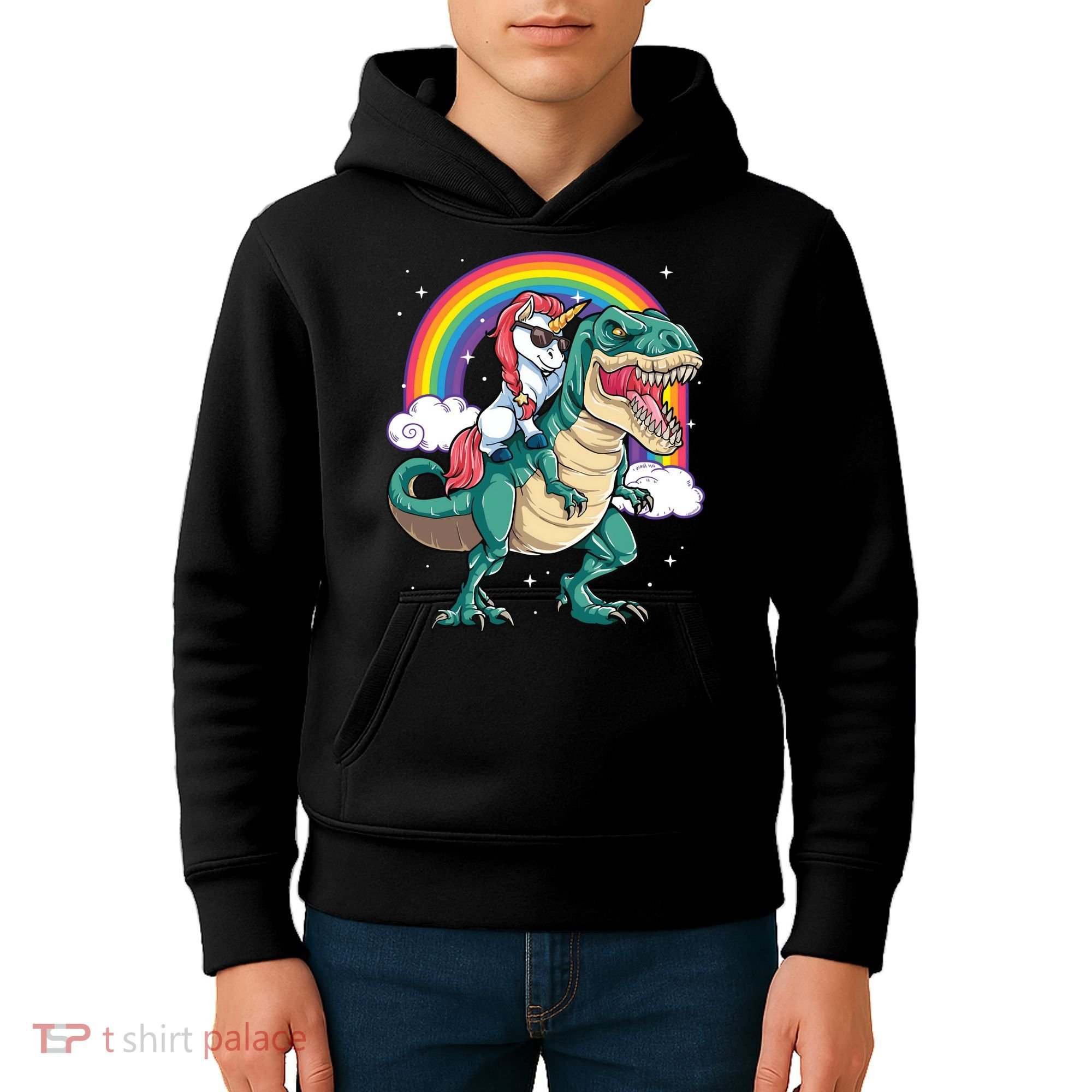 Unicorn Riding T Rex Dinosaur Rainbow Kids Hoodie