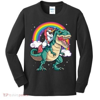 Unicorn Riding T Rex Dinosaur Rainbow Kids Long Sleeve Shirt