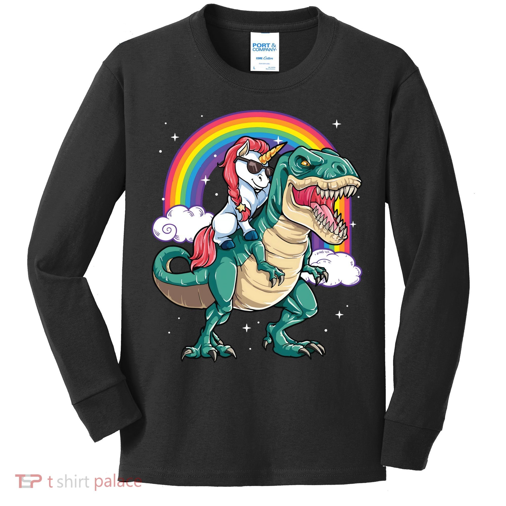 Unicorn Riding T Rex Dinosaur Rainbow Kids Long Sleeve Shirt