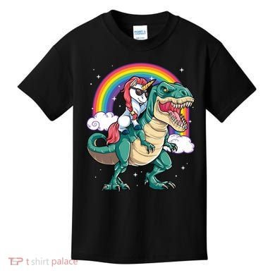 Unicorn Riding T Rex Dinosaur Rainbow Kids T-Shirt