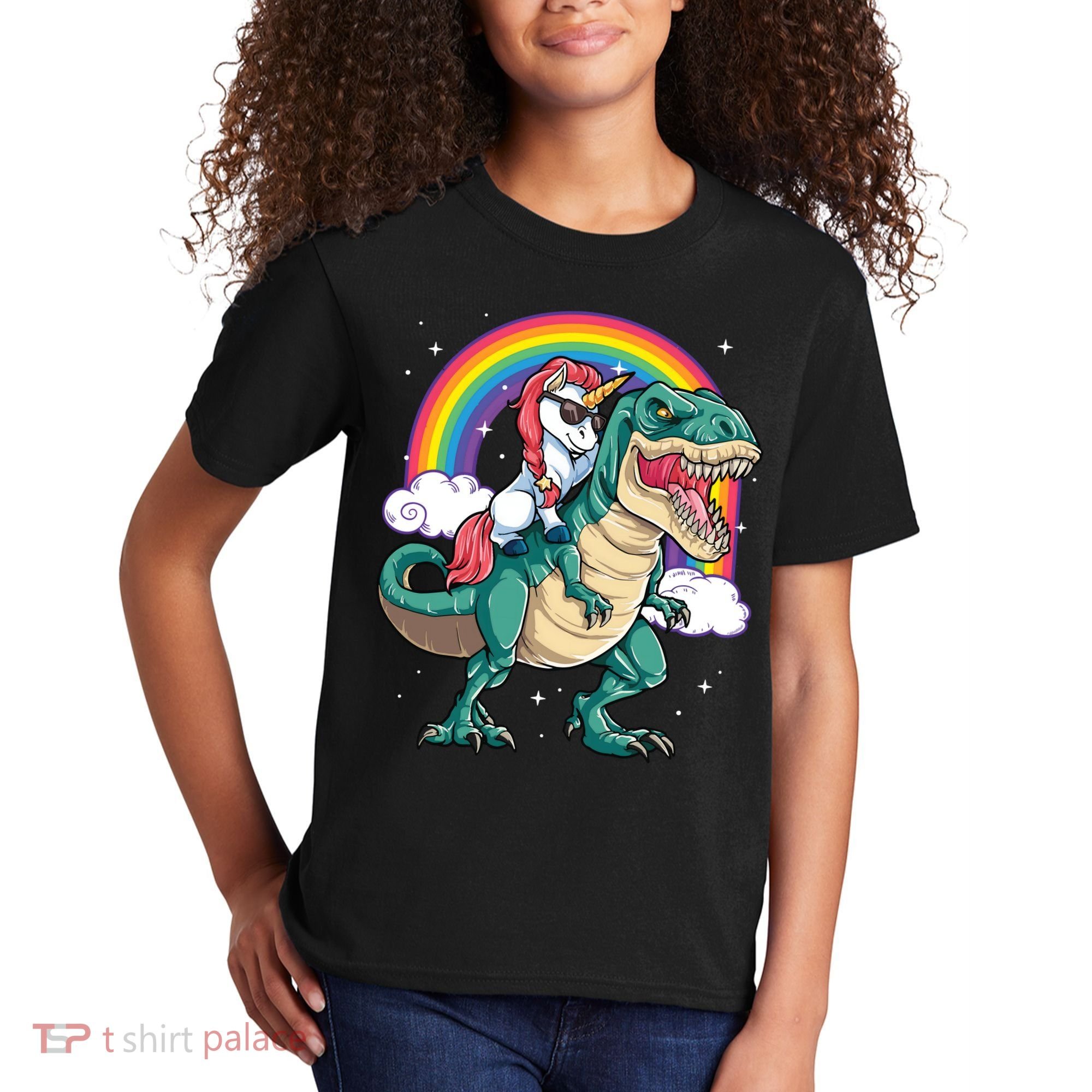 Unicorn Riding T Rex Dinosaur Rainbow Kids T-Shirt