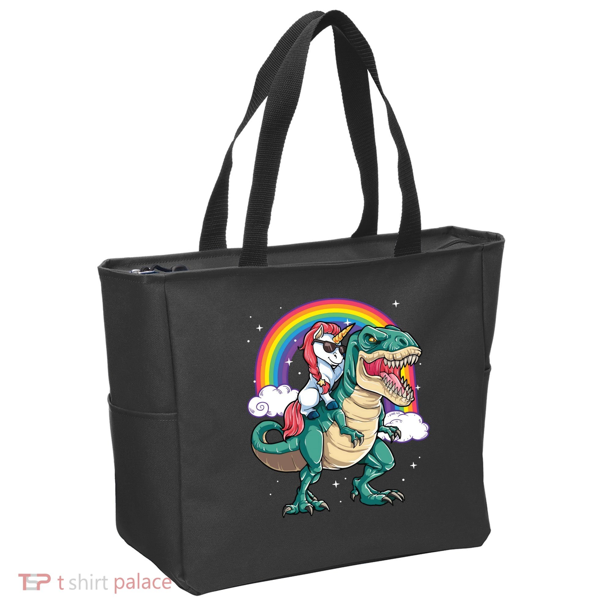 Unicorn Riding T Rex Dinosaur Rainbow Tote Bag