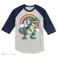 Unicorn Riding T Rex Dinosaur Rainbow Kids Colorblock Raglan Jersey thumb 0