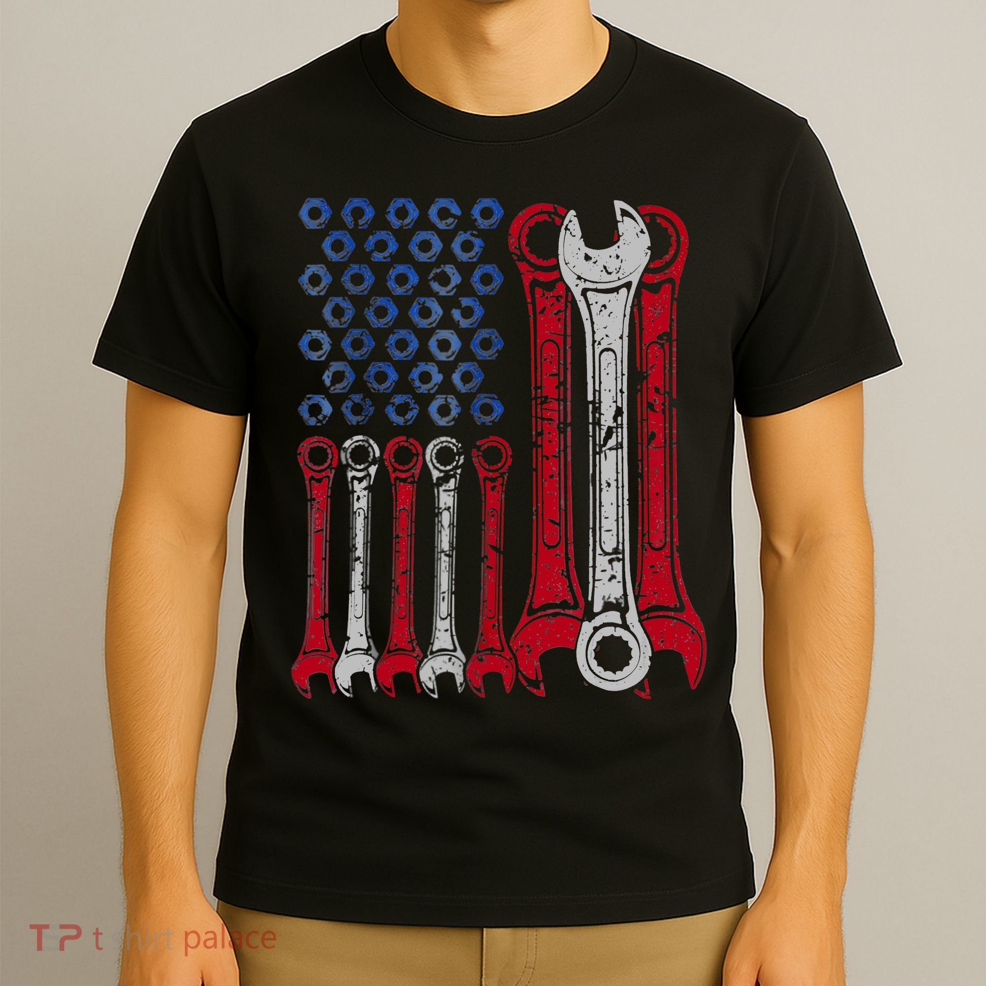 USA Red White Blue American Flag Mechanic T-Shirt