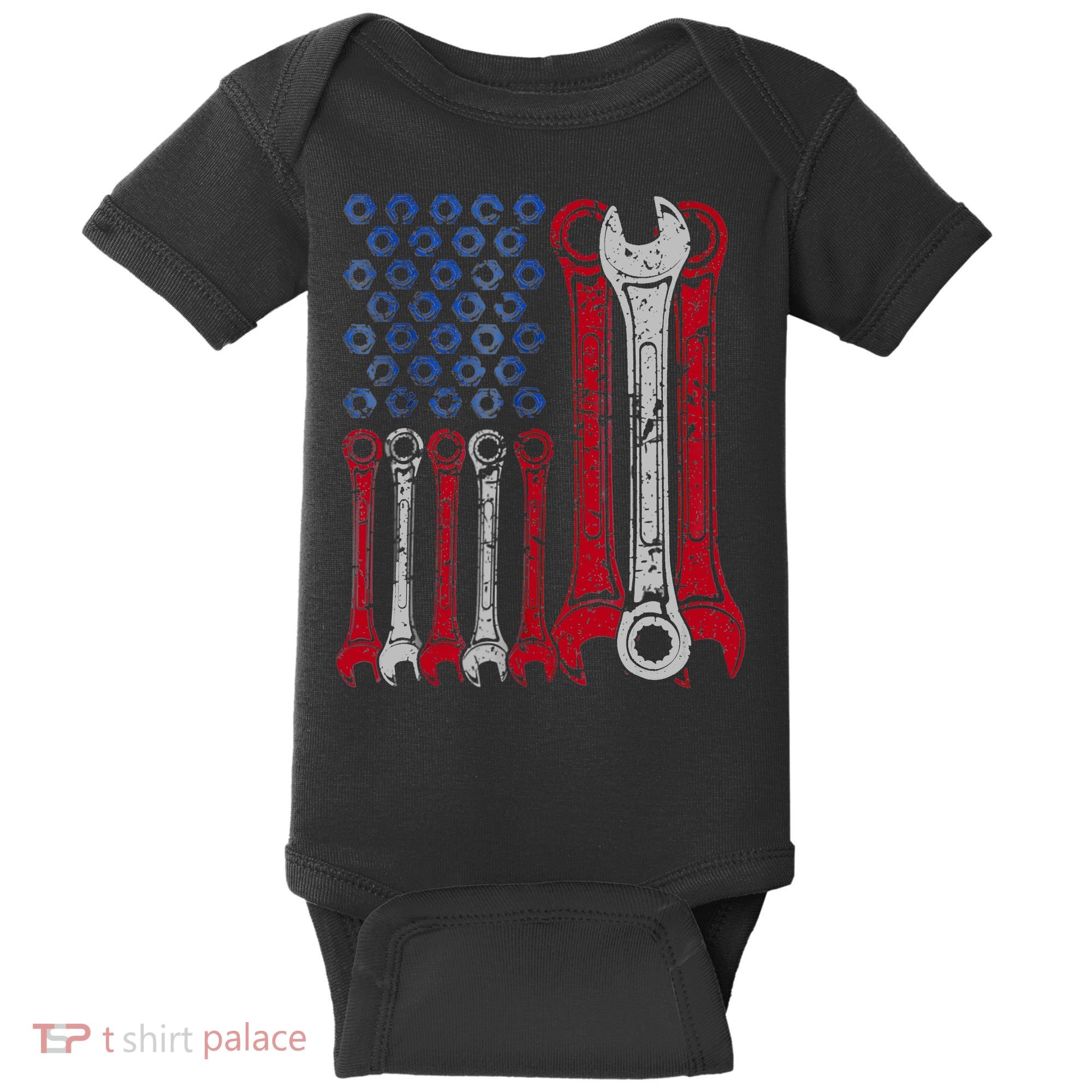 USA Red White Blue American Flag Mechanic Baby Bodysuit